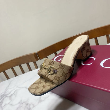 GG 26SS Chunky Heeled Sandals 65 Beige White Canvas Leather 640621