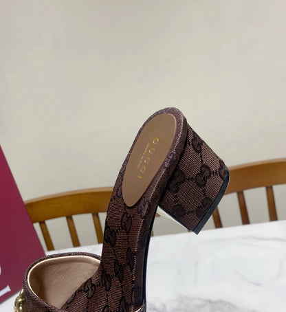 GG 26SS Chunky Heeled Sandals 65 Dark Brown Canvas Leather 640623
