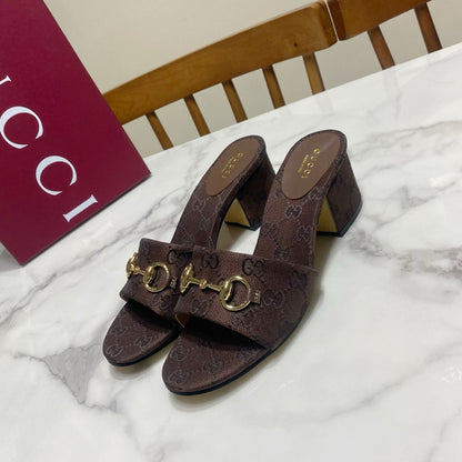 GG 26SS Chunky Heeled Sandals 65 Dark Brown Canvas Leather 640623