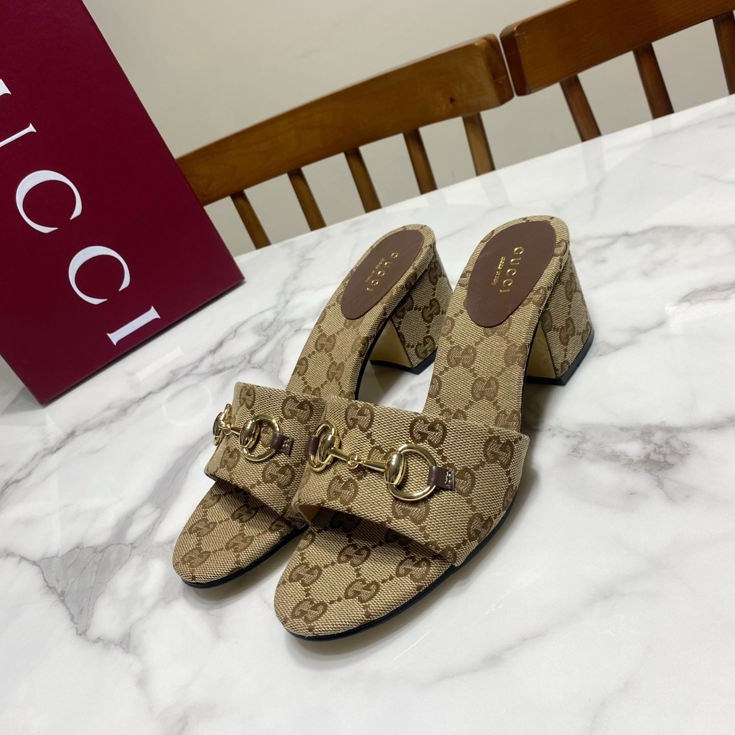 GG 26SS Chunky Heeled Sandals 65 Beige Brown Canvas Leather 640622