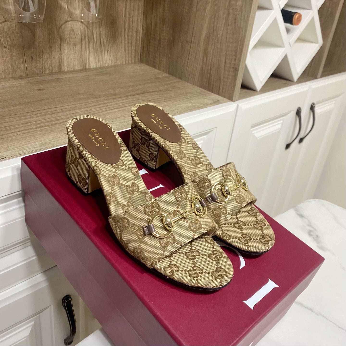 GG 26SS Chunky Heeled Sandals 65 Beige Brown Canvas Leather 640622