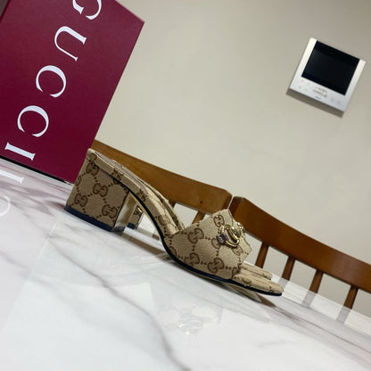 GG 26SS Chunky Heeled Sandals 65 Beige Brown Canvas Leather 640622