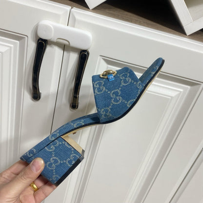 GG 26SS Chunky Heeled Sandals 65 Blue Denim Leather 640624