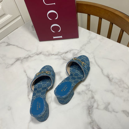 GG 26SS Chunky Heeled Sandals 65 Blue Denim Leather 640624