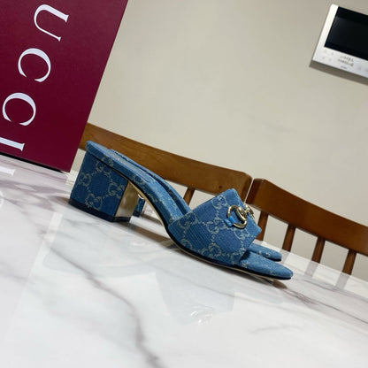GG 26SS Chunky Heeled Sandals 65 Blue Denim Leather 640624