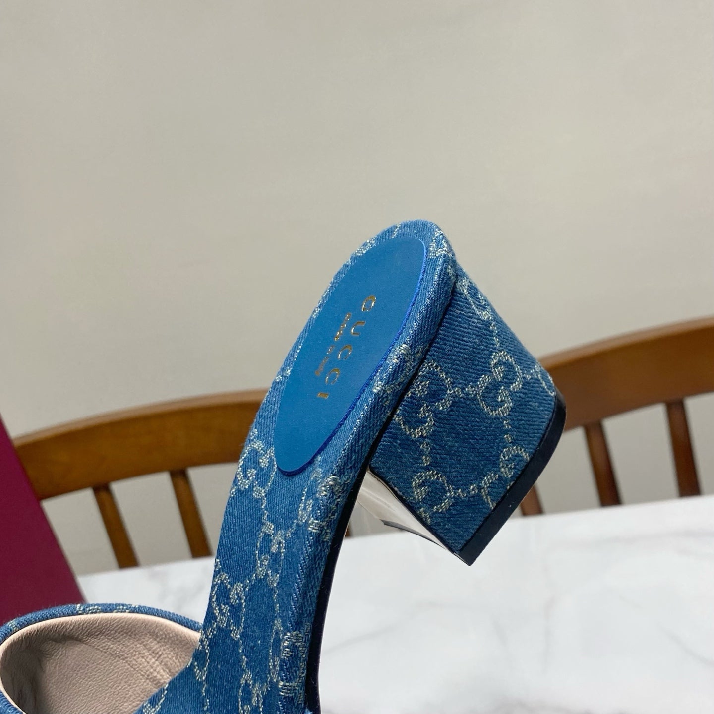 GG 26SS Chunky Heeled Sandals 65 Blue Denim Leather 640624