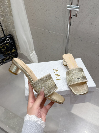 CD 26s Rhinestone Flat Slippers Gold Beige Canvas Leather 636391