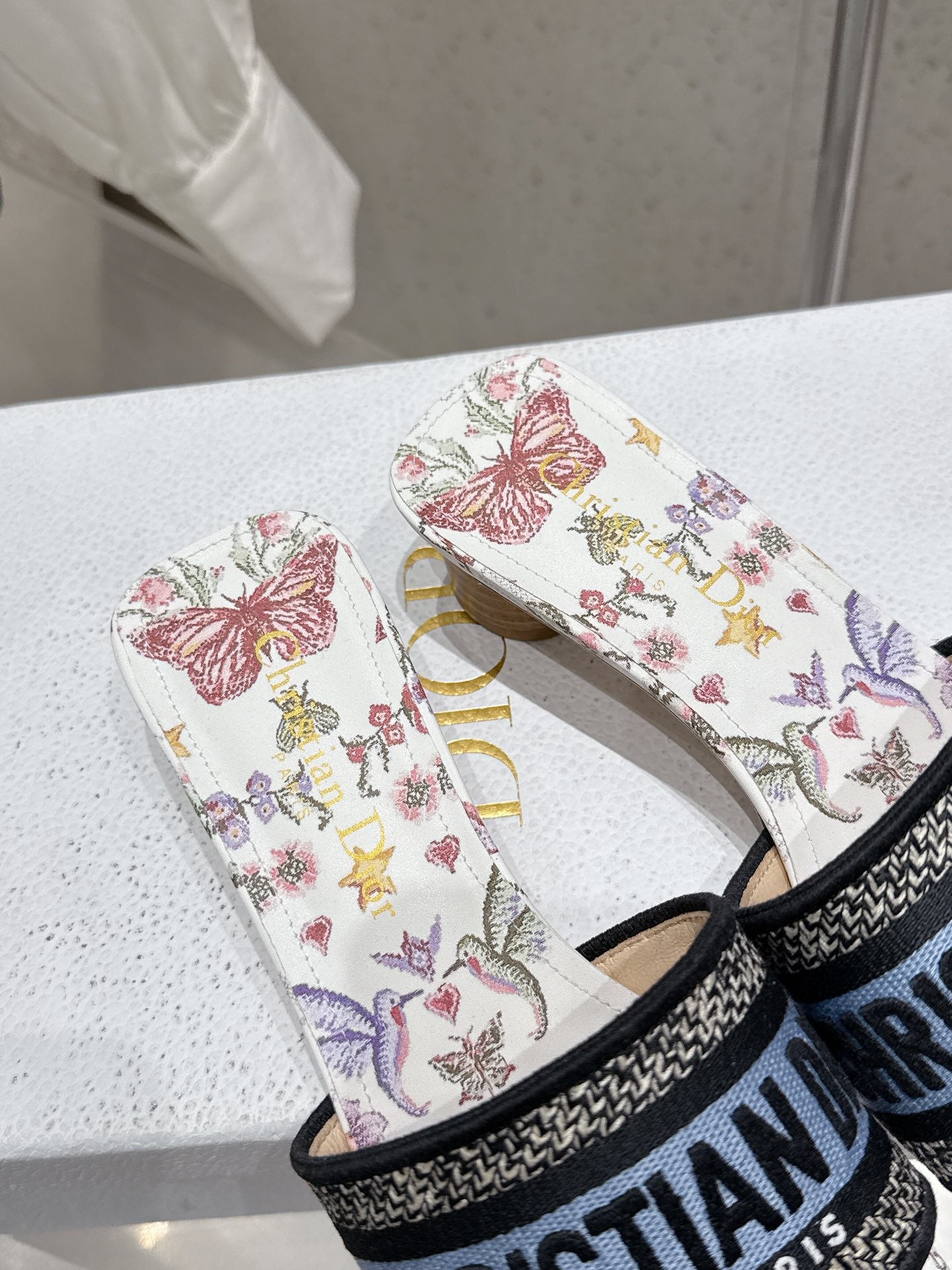 CD 26s Embroidered Flat Slippers White Blue Multicolor Canvas Leather 636393