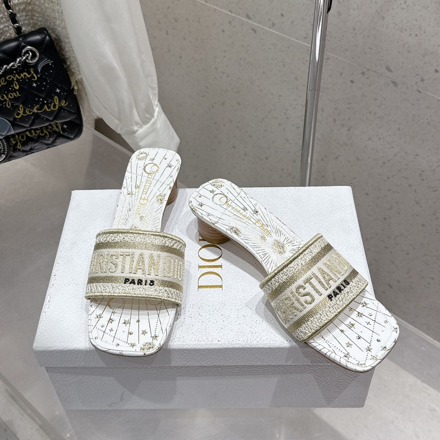 CD 26s Embroidered Flat Slippers White Gold Canvas Leather 636394