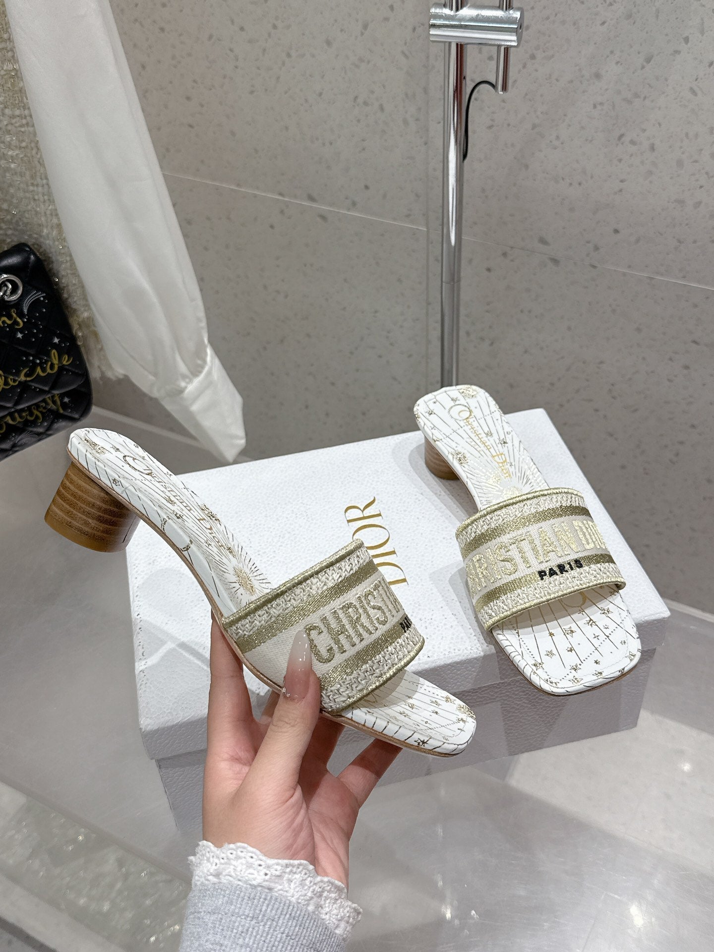 CD 26s Embroidered Flat Slippers White Gold Canvas Leather 636394