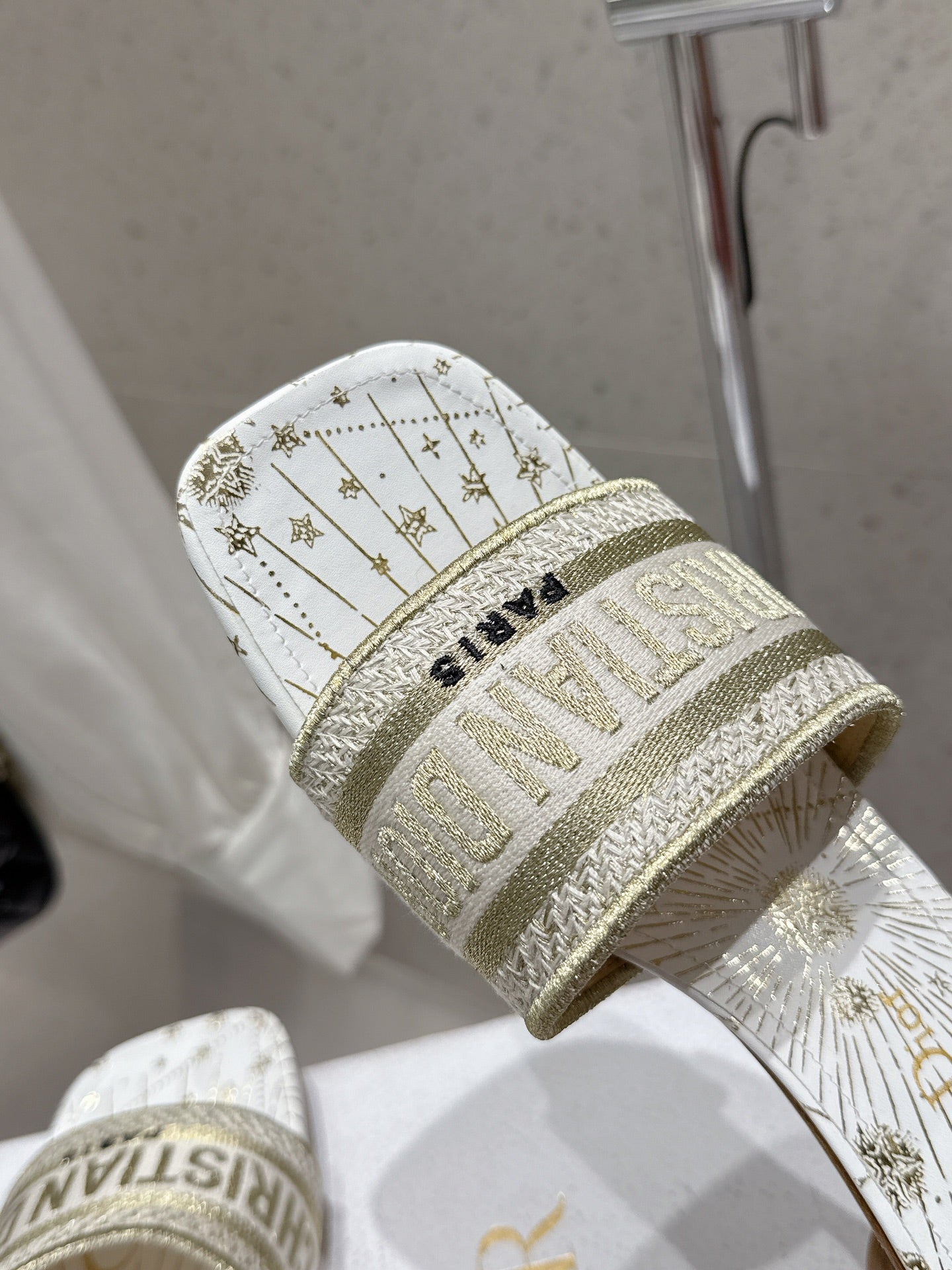 CD 26s Embroidered Flat Slippers White Gold Canvas Leather 636394