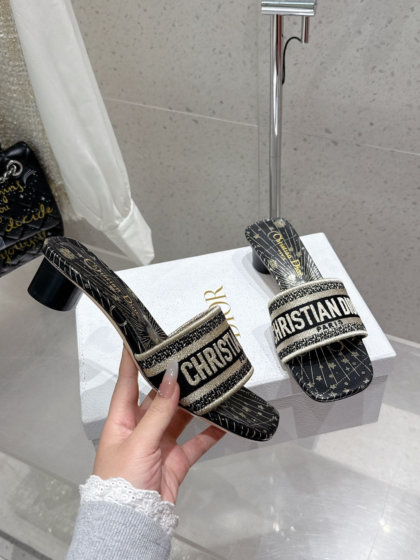 CD 26s Embroidered Flat Slippers Black Gold Canvas Leather 636395