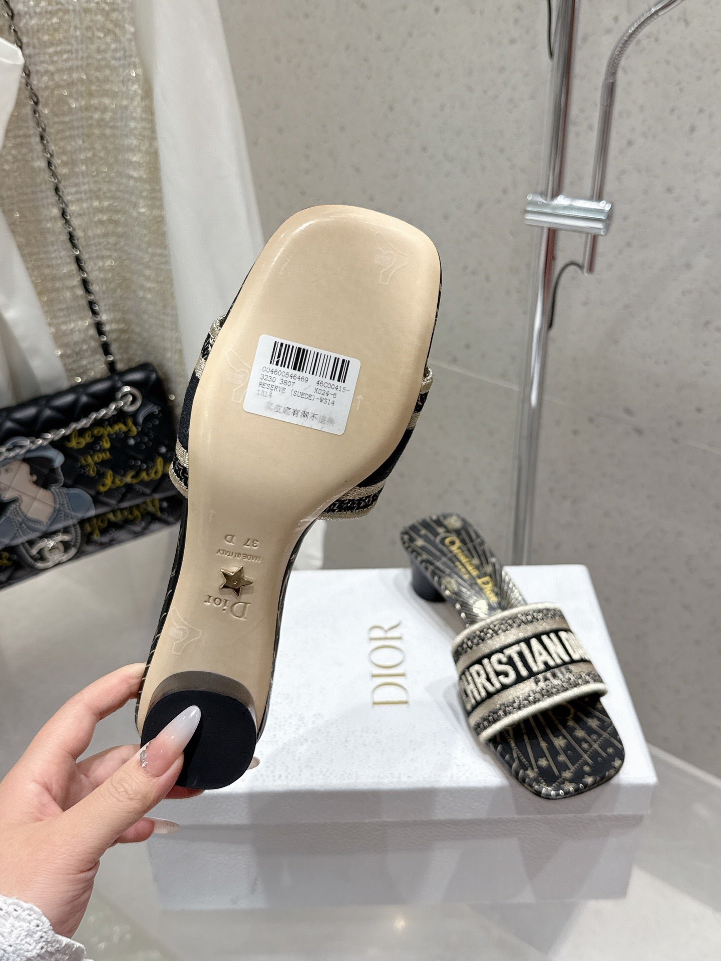 CD 26s Embroidered Flat Slippers Black Gold Canvas Leather 636395