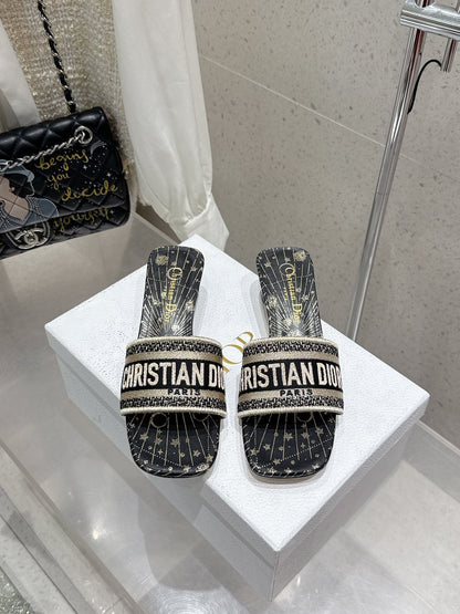 CD 26s Embroidered Flat Slippers Black Gold Canvas Leather 636395