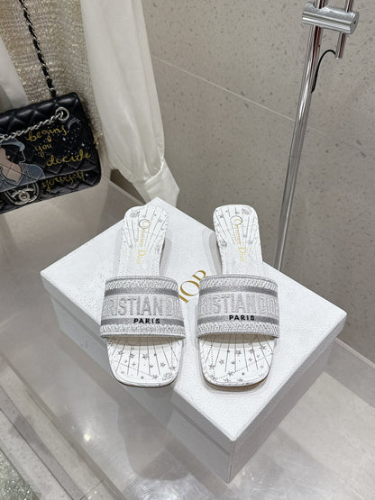 CD 26s Embroidered Flat Slippers White Gray Canvas Leather 636396
