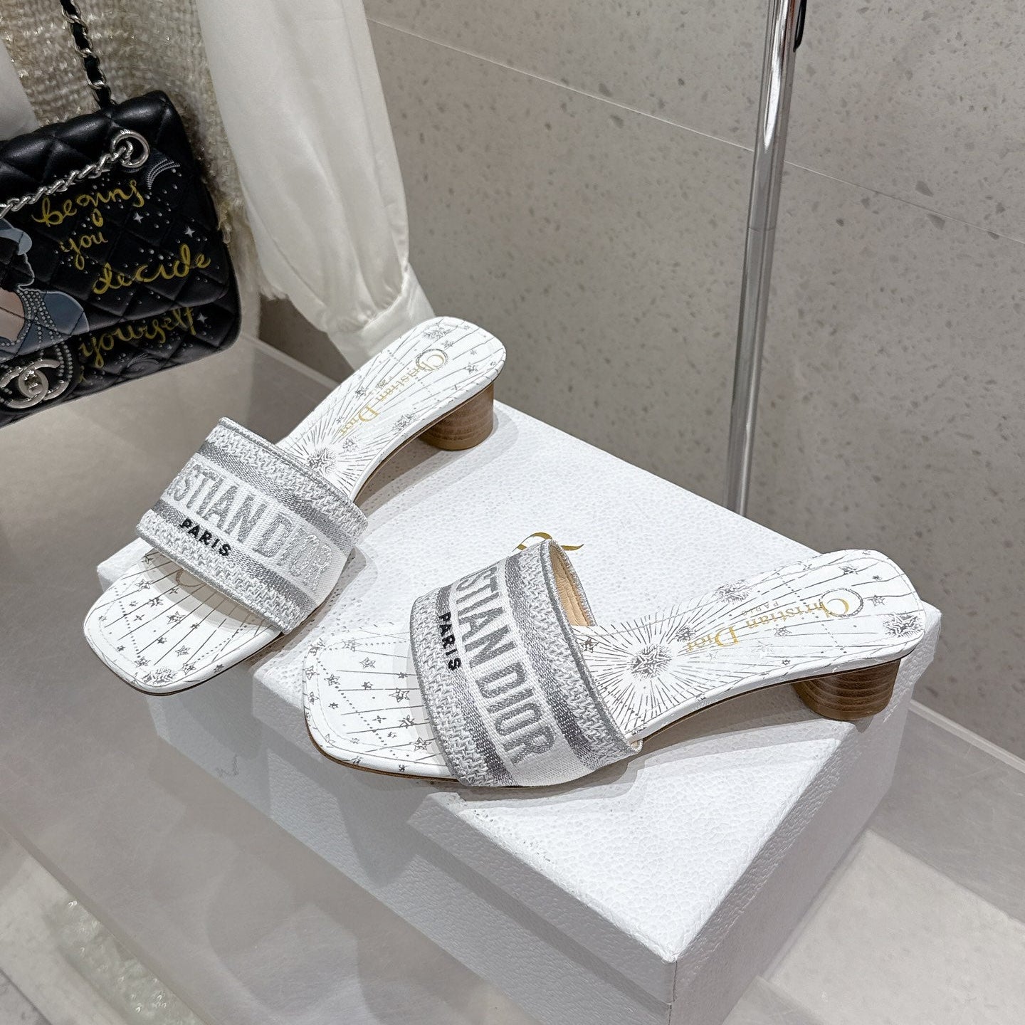 CD 26s Embroidered Flat Slippers White Gray Canvas Leather 636396