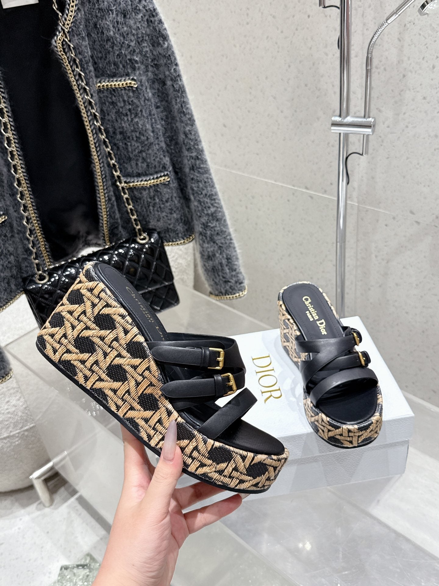 CD 26s Platform Sandal 65 Black Beige Monogram Leather 636351