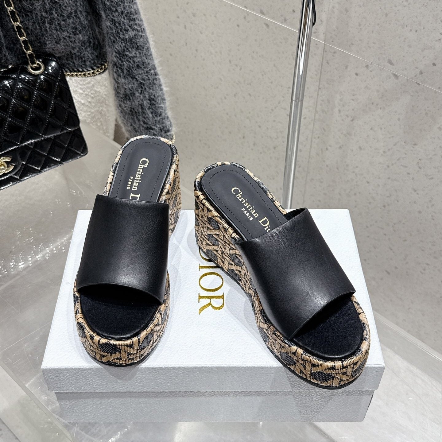 CD 26s Platform Sandal 65 Black Beige Monogram Leather 636355