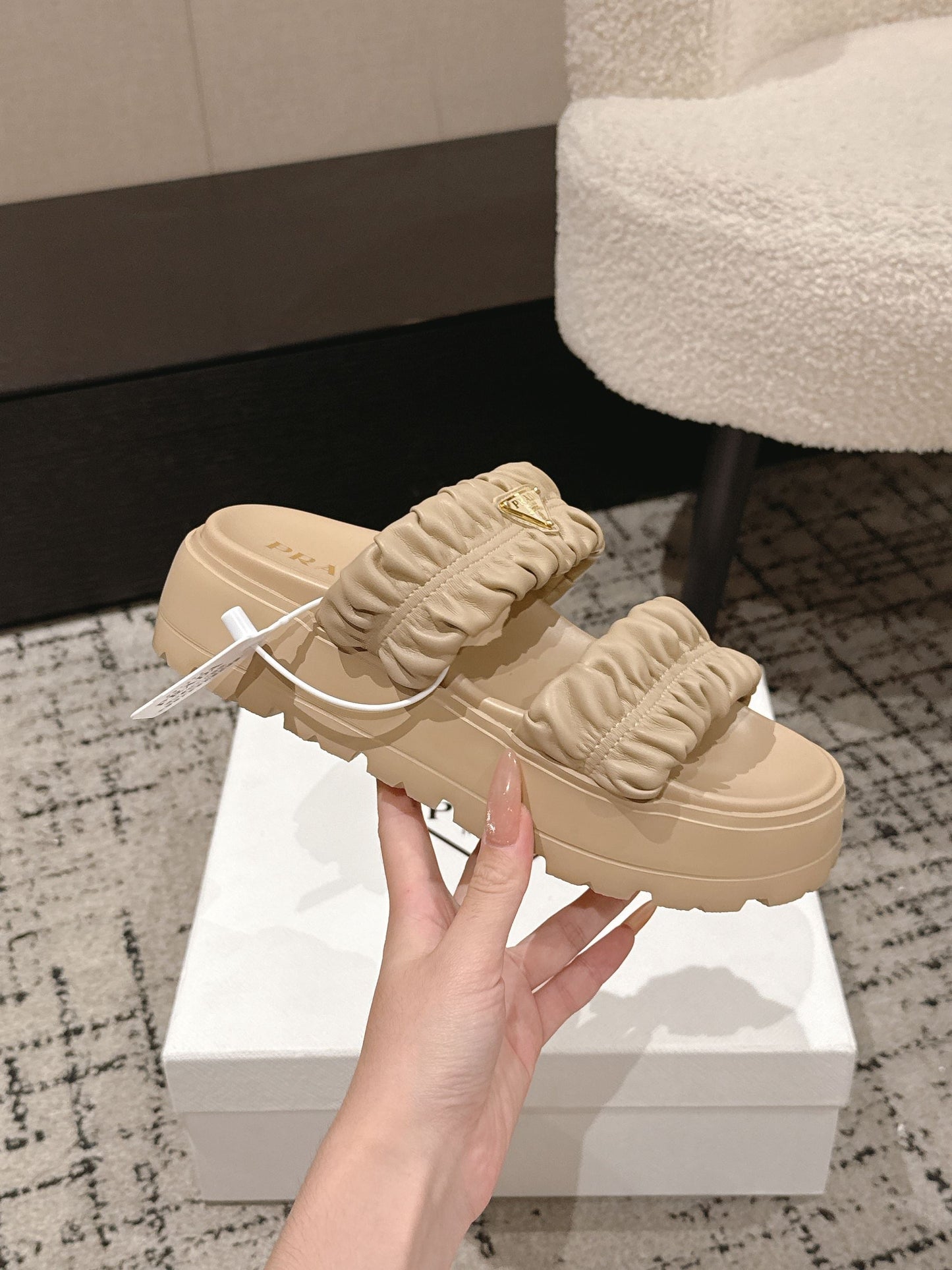 Prada 2026 Pleated Double-Strap Platform Sandals 55mm Sheepskin 771016