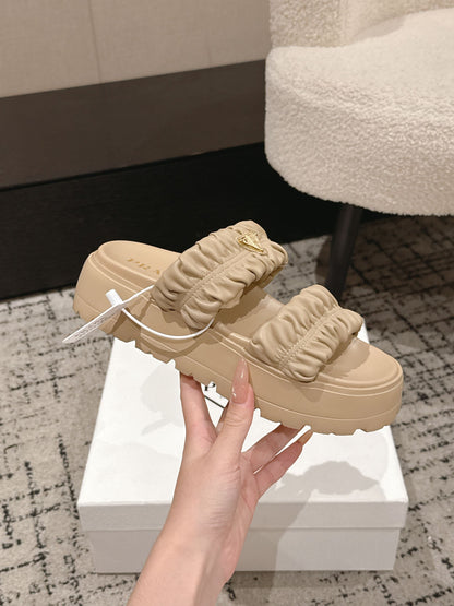 Prada 2026 Pleated Double-Strap Platform Sandals 55mm Sheepskin 771016