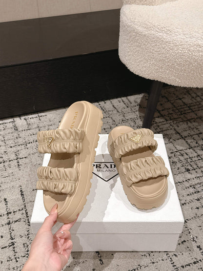 Prada 2026 Pleated Double-Strap Platform Sandals 55mm Sheepskin 771016
