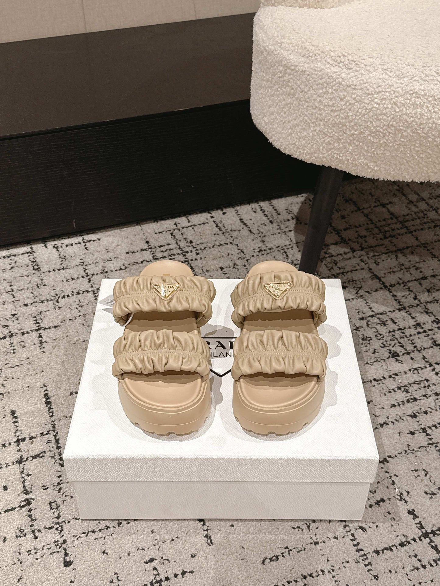 Prada 2026 Pleated Double-Strap Platform Sandals 55mm Sheepskin 771016