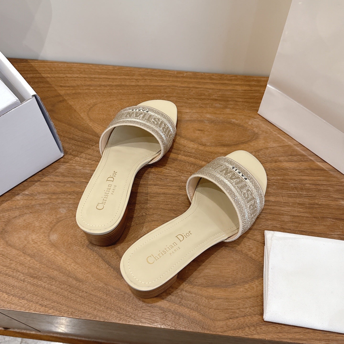 CD 26s Embroidered Sandals Beige Canvas Leather 685603