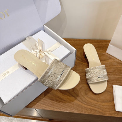 CD 26s Embroidered Sandals Beige Canvas Leather 685603