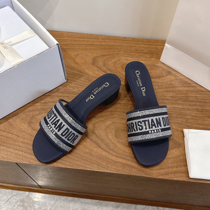 CD 26s Embroidered Sandals Navy Blue Canvas Leather 685606