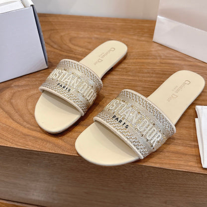 CD 26s Embroidered Sandals Beige Canvas Leather 685603