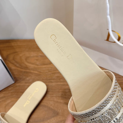 CD 26s Embroidered Sandals Beige Canvas Leather 685603