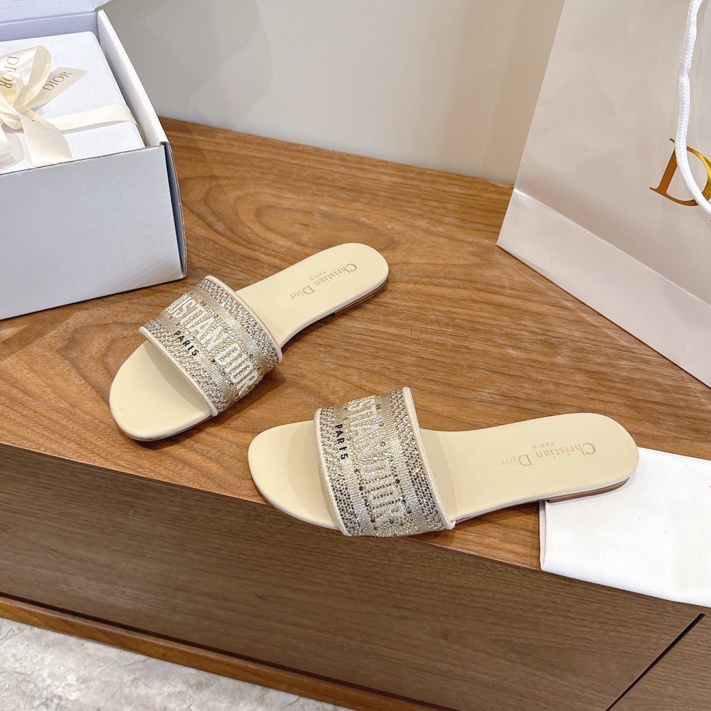 CD 26s Embroidered Sandals Beige Canvas Leather 685603