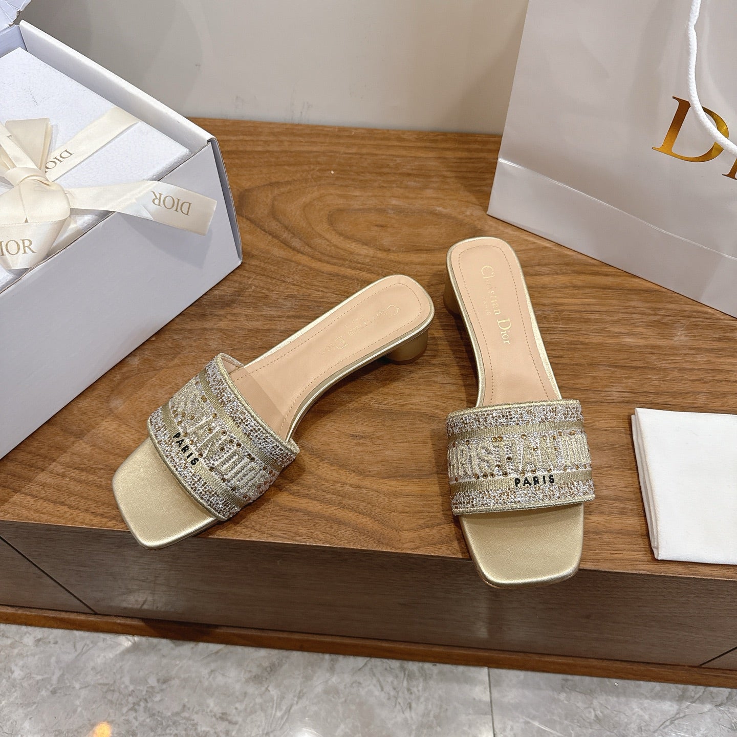 CD 26s Embroidered Sandals Gold Champage  Canvas Leather 685616