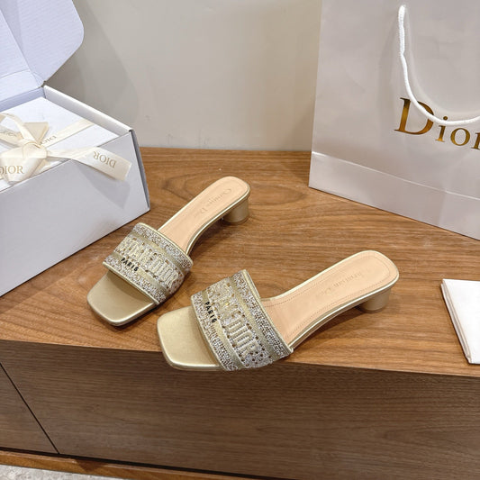 CD 26s Embroidered Sandals Gold Champage  Canvas Leather 685616