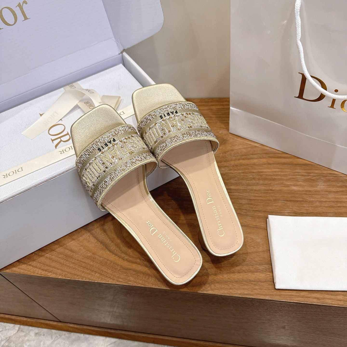 CD 26s Embroidered Sandals Gold Champage  Canvas Leather 685616