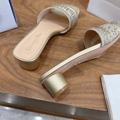 CD 26s Embroidered Sandals Gold Champage  Canvas Leather 685616