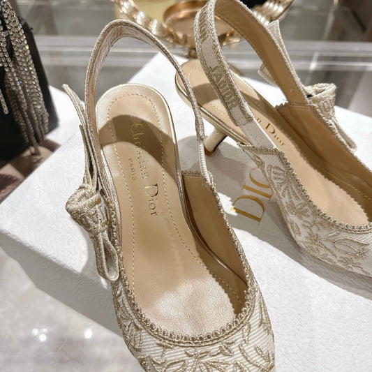 CD 26 Slingback Metallic Floral Embroidery 45mm Ivory Gold Tweed 592234