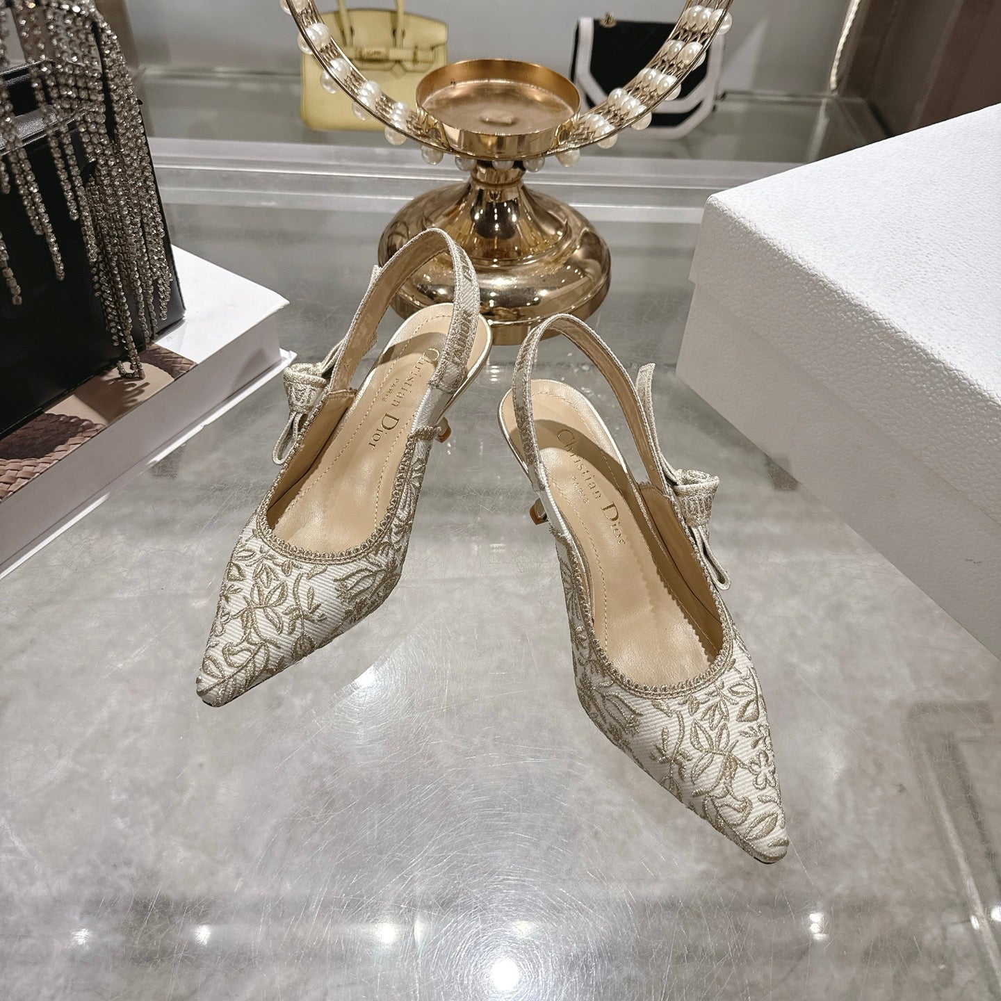 CD 26 Slingback Metallic Floral Embroidery 45mm Ivory Gold Tweed 592234