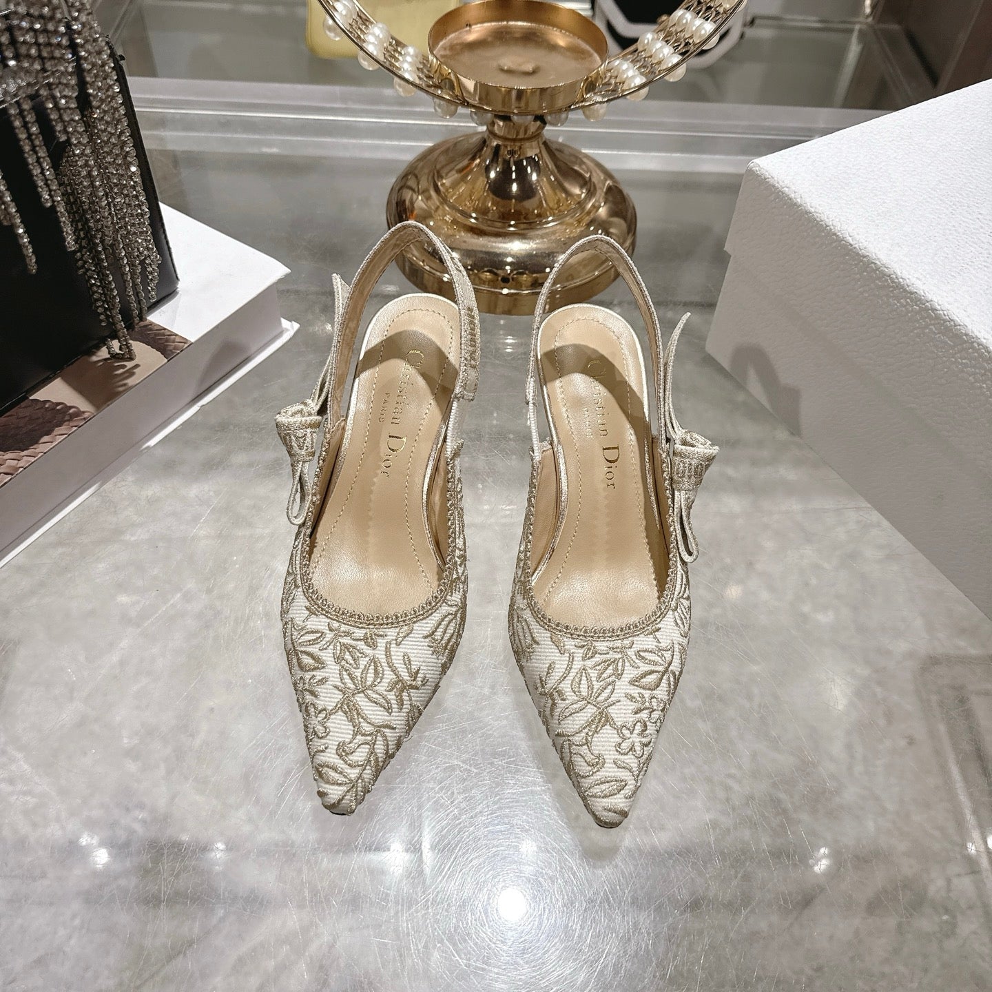 CD 26 Slingback Metallic Floral Embroidery 45mm Ivory Gold Tweed 592234