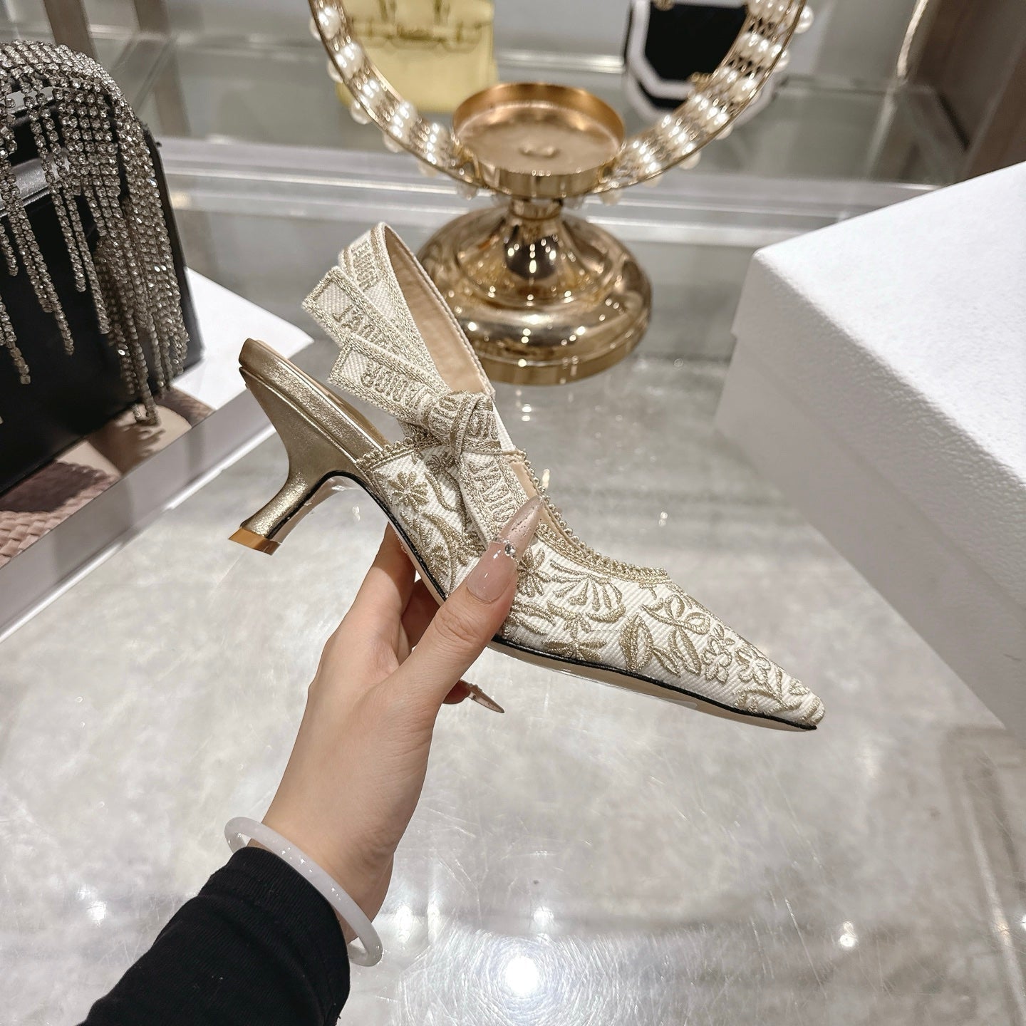 CD 26 Slingback Metallic Floral Embroidery 45mm Ivory Gold Tweed 592234