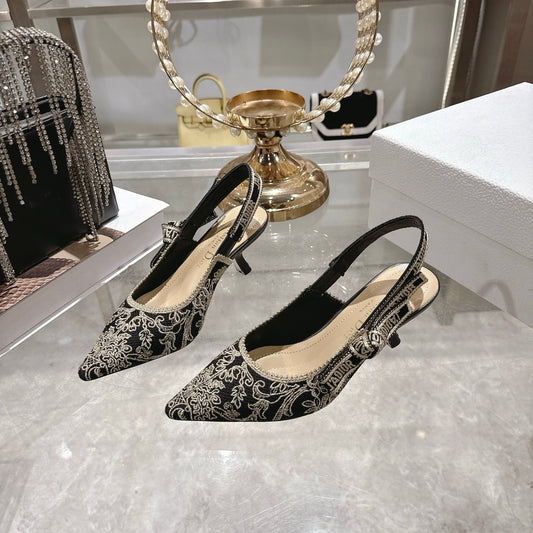 CD 26 Slingback Metallic Floral Embroidery 45mm Black Gold Tweed 592235