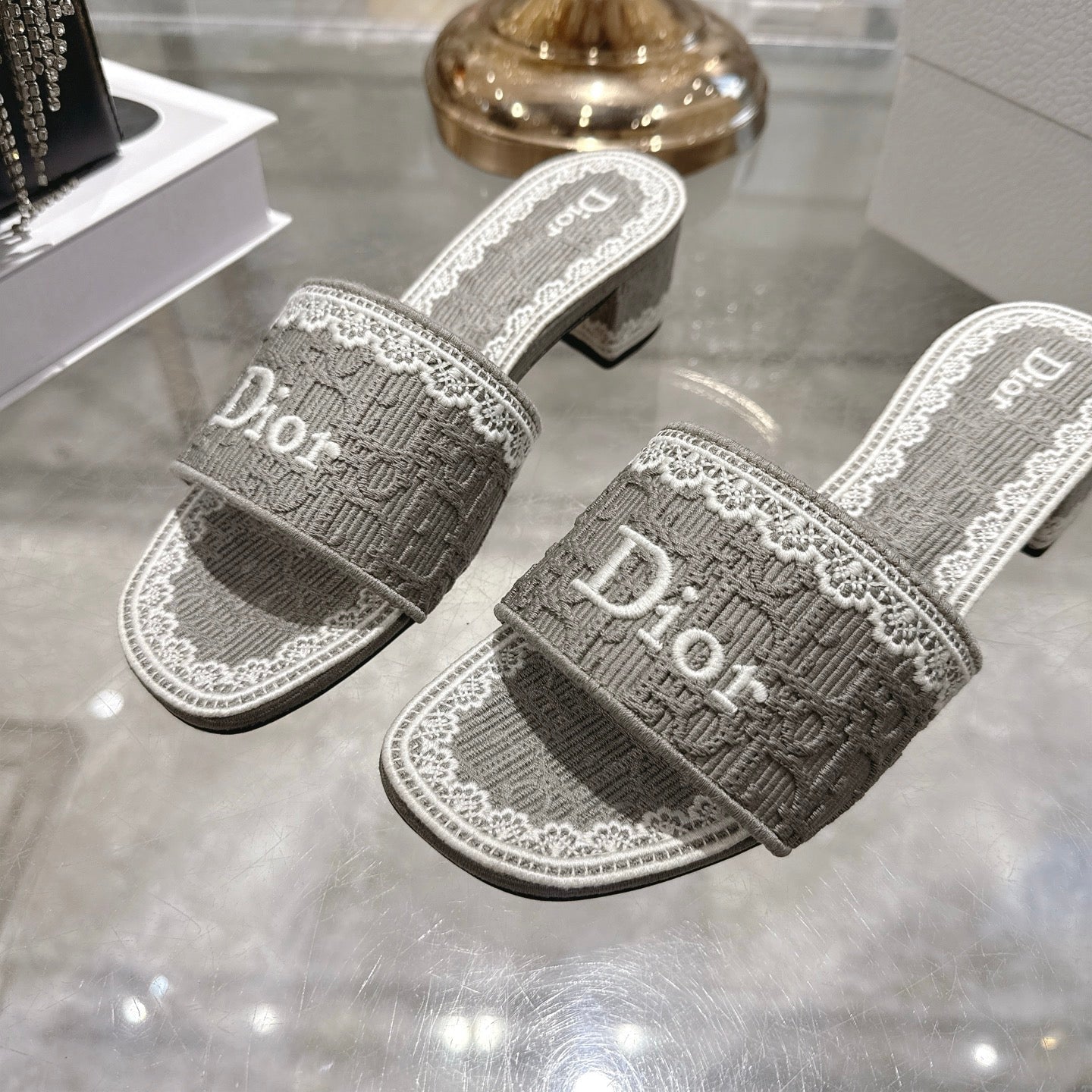 CD 26 Embroidered Sandals 45mm Gray White Canvas 592239