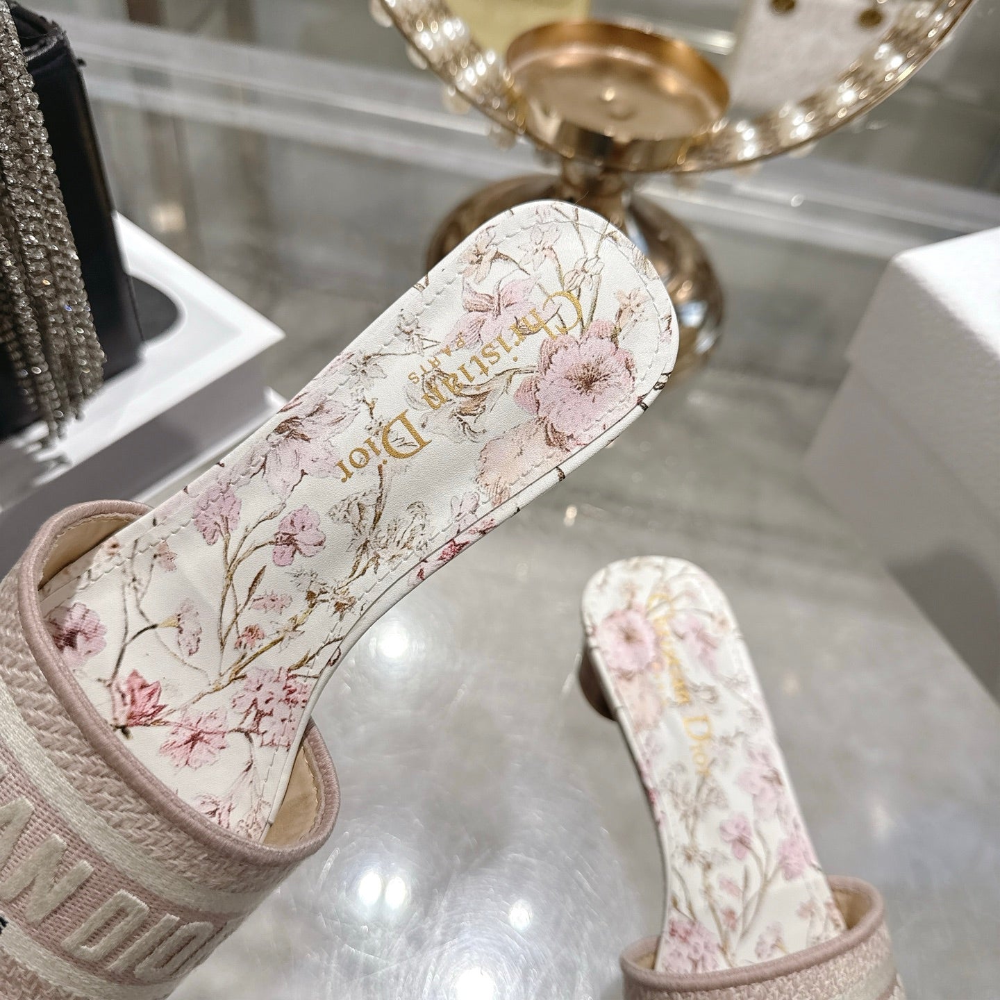 CD 26 Embroidered Sandals 45mm Beige Flower Canvas 592242
