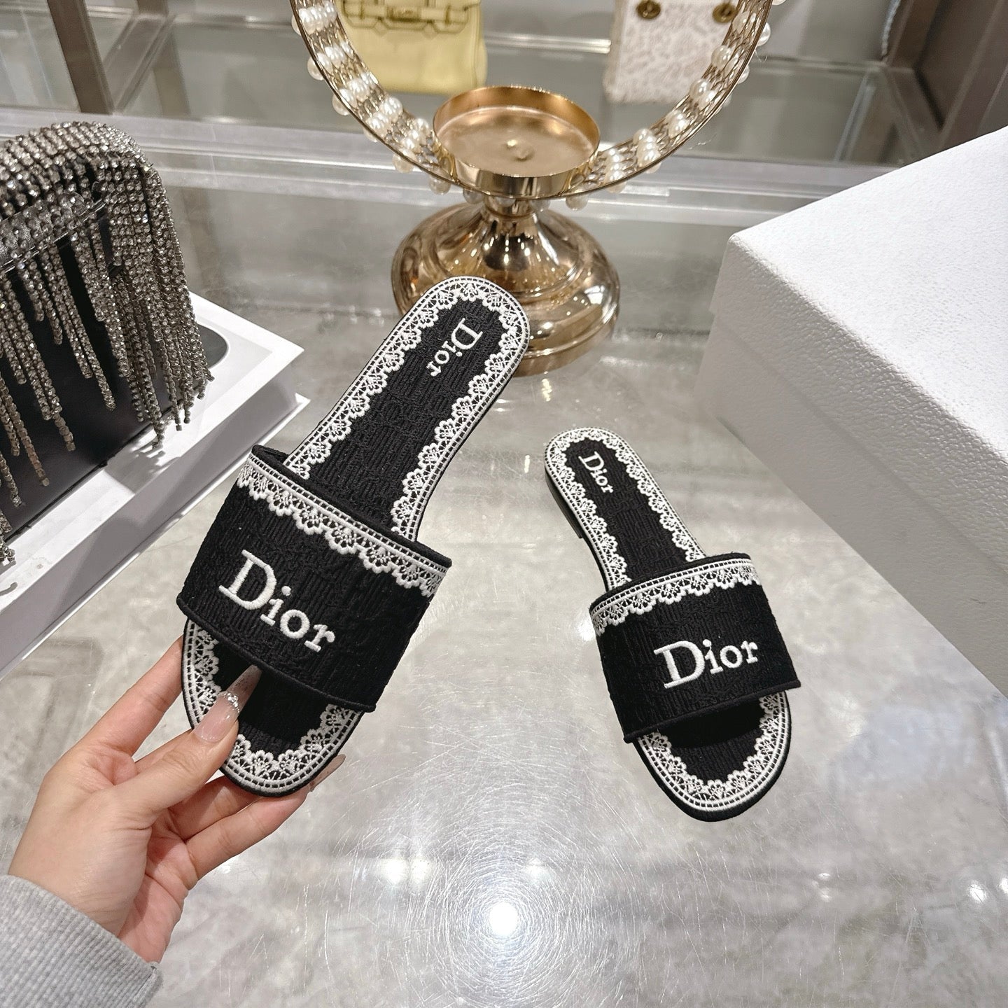 CD 26 Embroidered Sandals Black White Canvas 592246