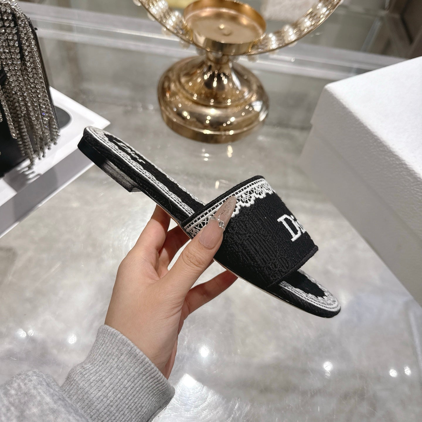 CD 26 Embroidered Sandals Black White Canvas 592246