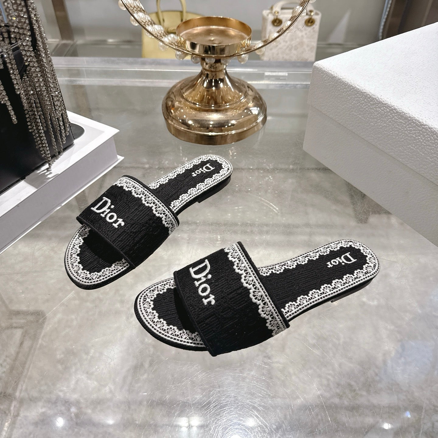 CD 26 Embroidered Sandals Black White Canvas 592246