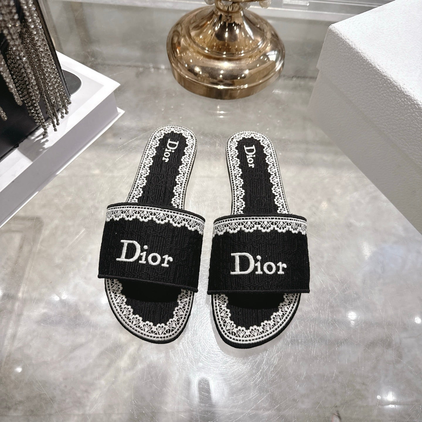 CD 26 Embroidered Sandals Black White Canvas 592246