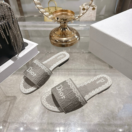 CD26 Embroidered Sandals Gray White Canvas 592243