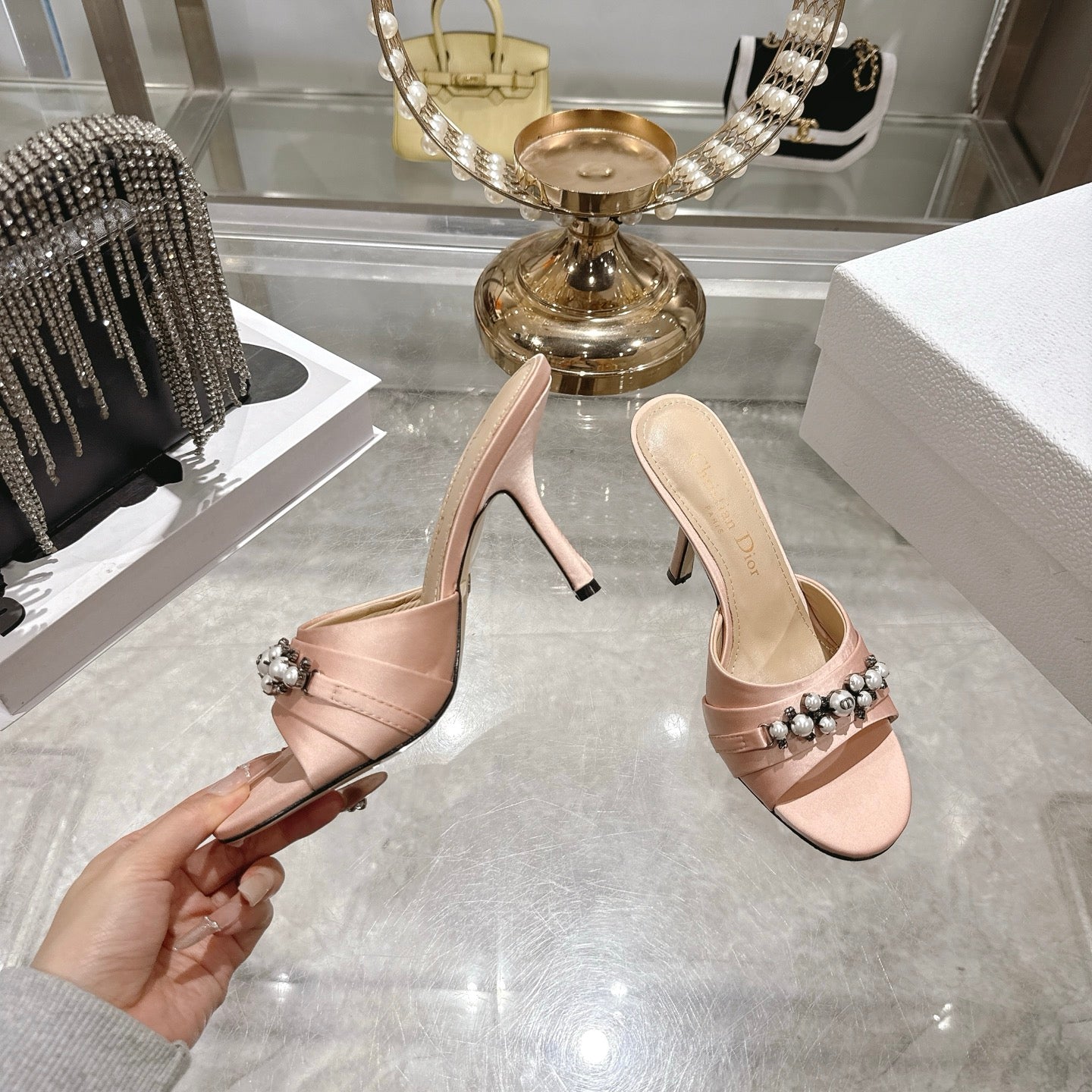CD 26 High-Heeled Mules 85mm Pearl Light Pink Leather 592248