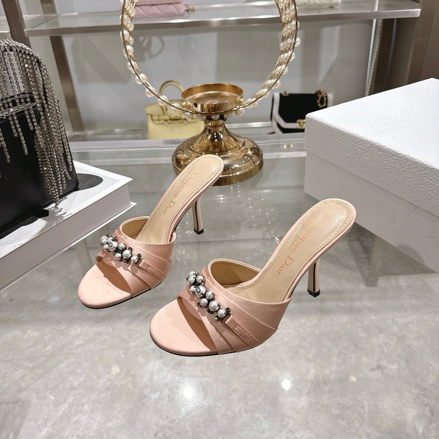 CD 26 High-Heeled Mules 85mm Pearl Light Pink Leather 592248
